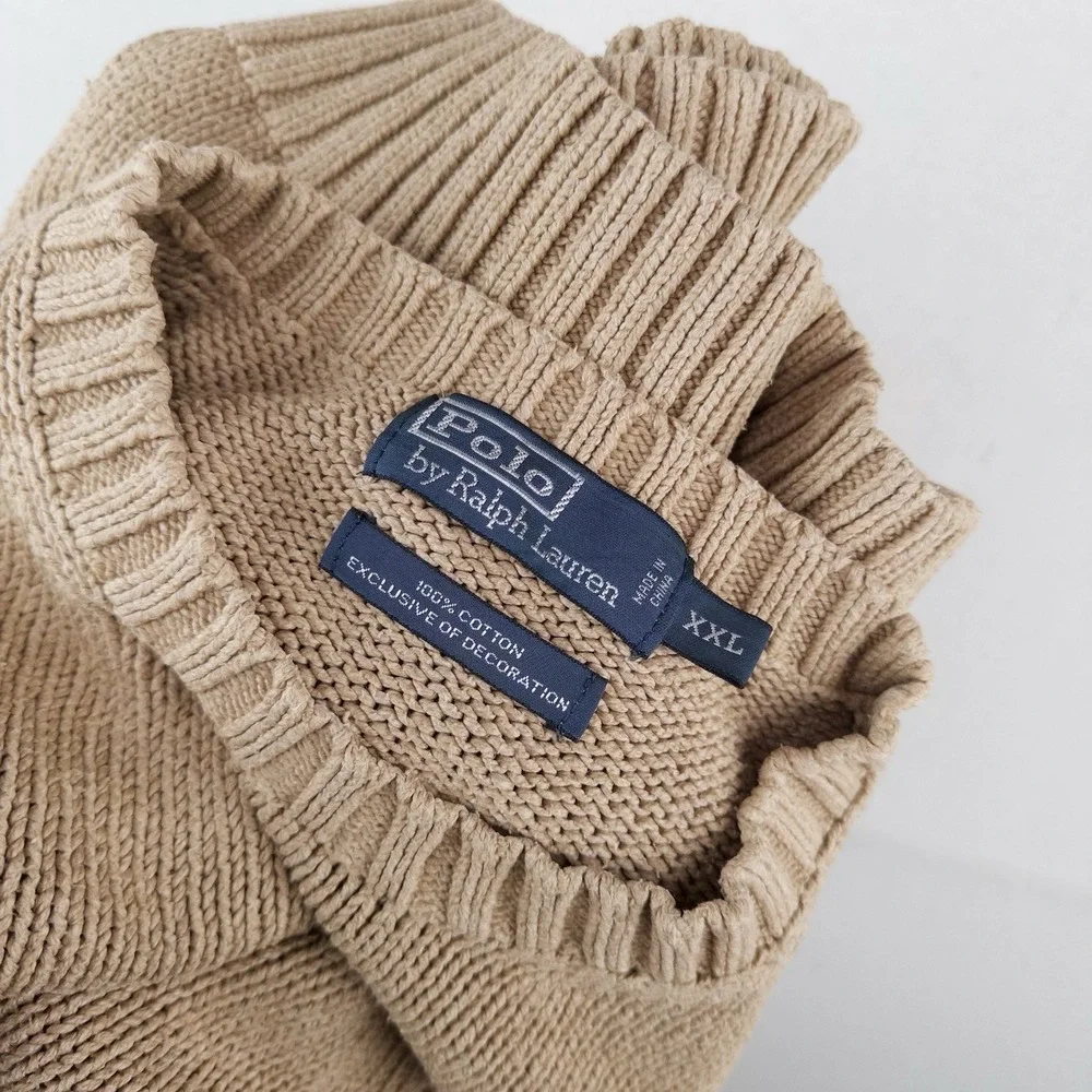90's Vintage Polo Ralph Lauren Knit Sweater Mens 2XL Camel Brown Cotton Crewneck